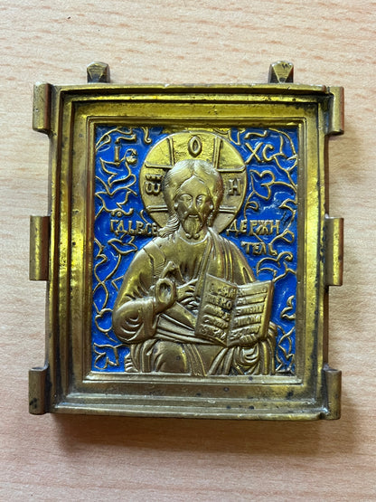 Utazási Ikon Pantokrátor Krisztus 19. század Bronz Kerámia