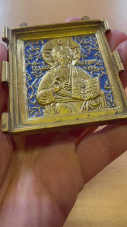 Utazási Ikon Pantokrátor Krisztus 19. század Bronz Kerámia